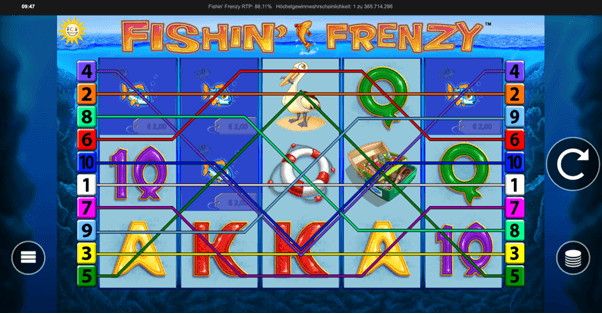 Alle Gewinnlinien auf der Spieloberfläche des Fishin Frenzy Slots